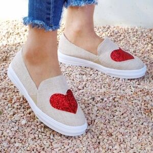 𝅺Rosy Red Glitter Hearts Valentines Canvas Slip On Sneakers